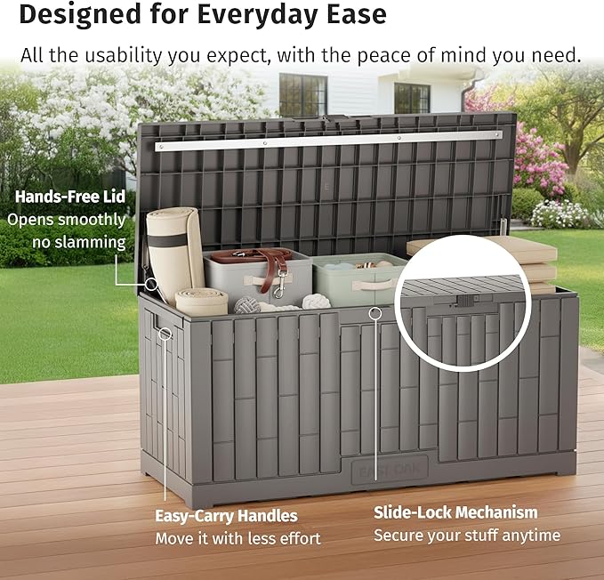 EAST OAK 120 Gallon Outdoor Storage Box | Large Resin Deck Box with Reinforced Stainless Steel Support | Waterproof & UV-Resistant Patio Storage Box for Cushions, Garden Tools & Pool Accessories, Grey - Image 4