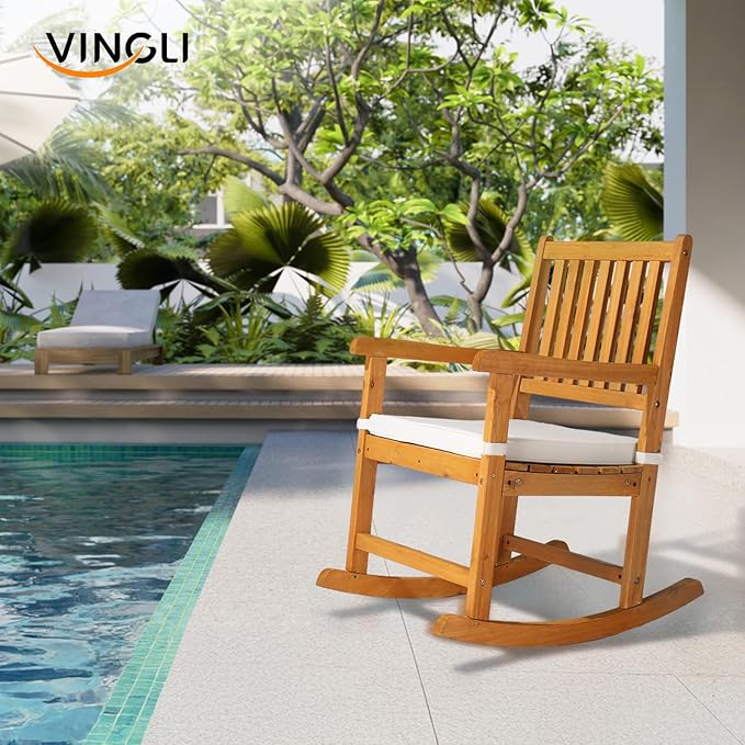 VINGLI Outdoor Rocking Chair, Weatherproof Rocker with Cushion, Wooden Rocking Bench Support 550 LBS for Patio, Yard, Garden, Outdoor or Indoors, Teak - Image 2