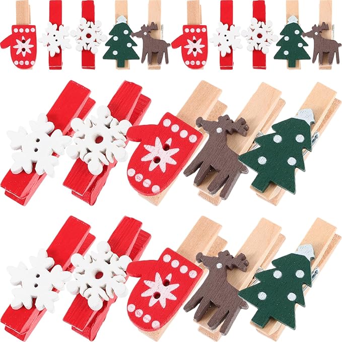 125pcs Christmas Wood Clips: Xmas Tree Snowflake Gloves Elk Clothespins by JECOMPRIS