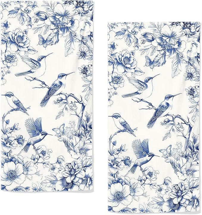 Blue Floral Hand Towels for Bathroom Humingbird Kitchen Towels Watercolor by qiuhuang