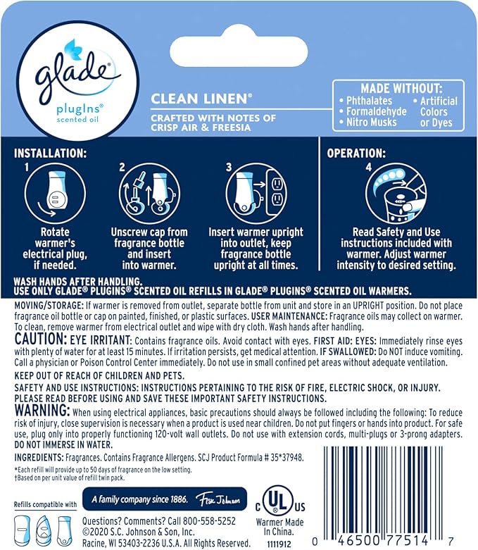 Glade PlugIns Refills Air Freshener Starter Kit, Clean Linen, Scented and - Image 2