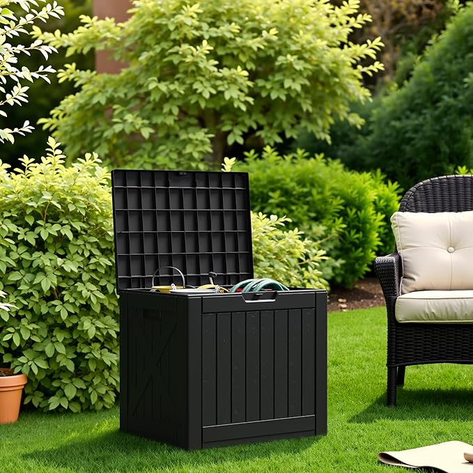 Flamaker Resin Deck Box 40 Gallon Waterproof Outdoor Indoor Storage Box Imitation Wood Resin for Patio Furniture Garden Tools and Pool (Black) - Image 3