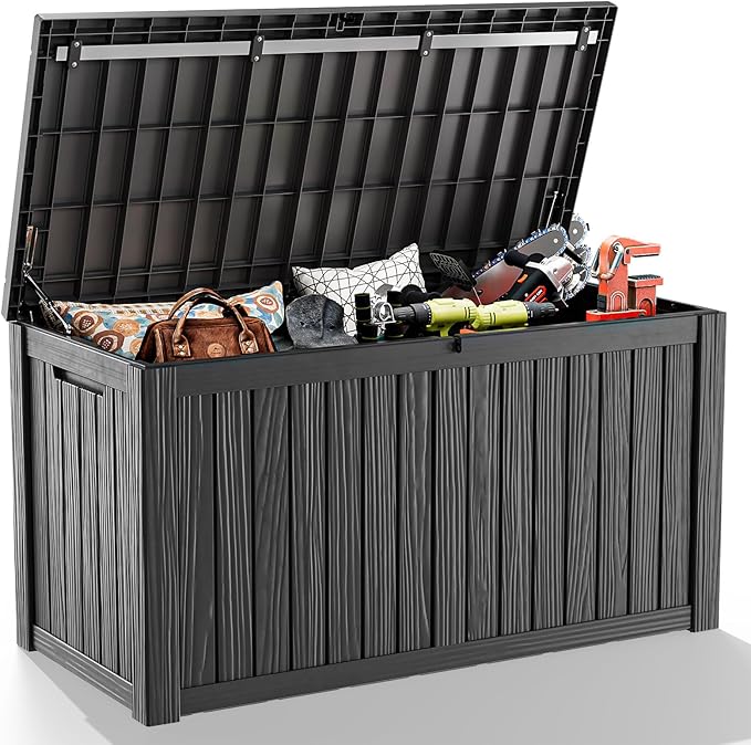 180 Gallon Outdoor Storage Box, Large Resin Deck Box for Patio Furniture Cushion Garden Tools, Waterproof and Lockable Design(Black) by Unknown