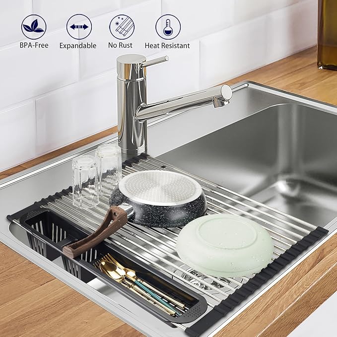 Roll Up Dish Drying Rack, Expandable Over The Sink Dish Drainer, Stainless - Image 6