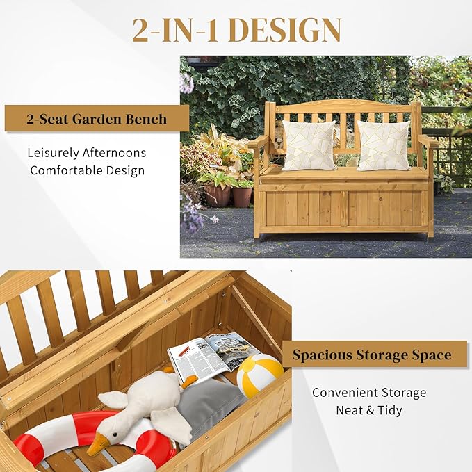 Outvita Outdoor Wood Storage Bench, Wooden Large Deck Box with Seating & Armrest, Waterproof Patio Organizer Loveseat for Garden Porch Deck Backyard Poolside(Yellow) - Image 5