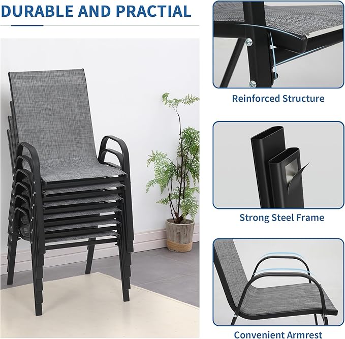 PIZZELLO Patio Chairs Set of 6 - Outdoor Stackable Dining Chairs for All Weather - Lightweight Textilene Outdoor Chair Sets with Armrests - 330Lbs Capacity - for Backyard Garden Porch Poolside (Grey) - Image 7