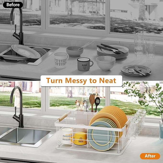Dish Drying Rack White with Diatomaceous Earth 1 Tier, Large Capacity Space - Image 3