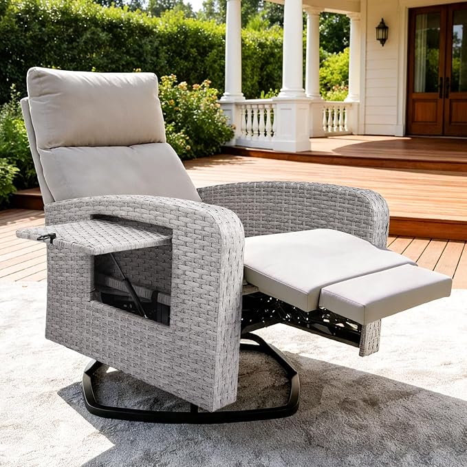 Outdoor Recliner Chair Set of 2, Wicker Patio Recliners with Adjustable Backrest and Extended Foot Rest, Reclining Patio Chairs with Flip Table & Removable Cushion Cover for Porch by zzw