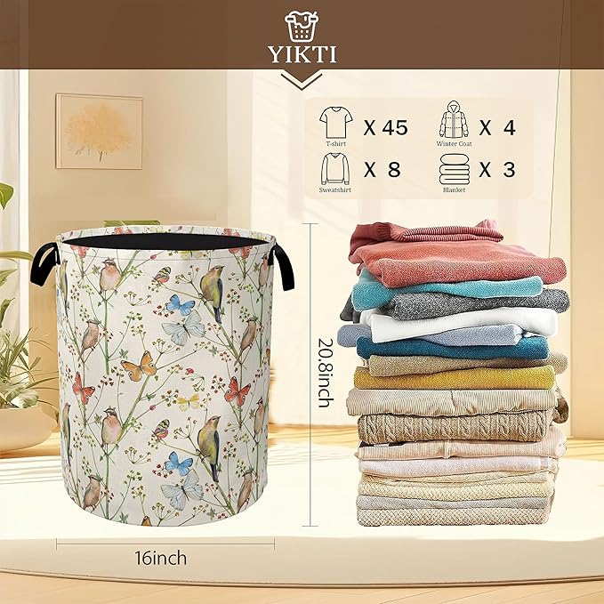 Laundry Hamper, Watercolor Bird Laundry Basket, Spring Flower Butterfly - Image 2