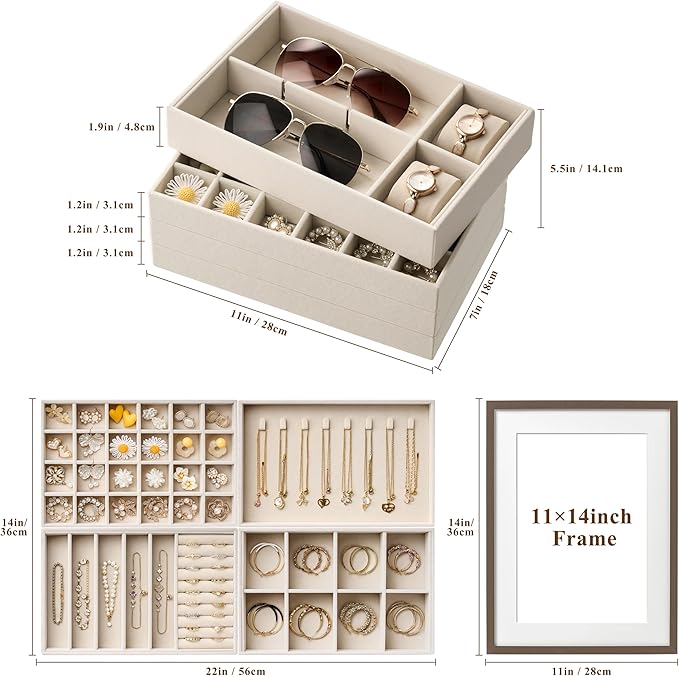 Velvet Jewelry Drawer Organizer Trays – Large Beige Stackable Jewelry Storage - Image 2