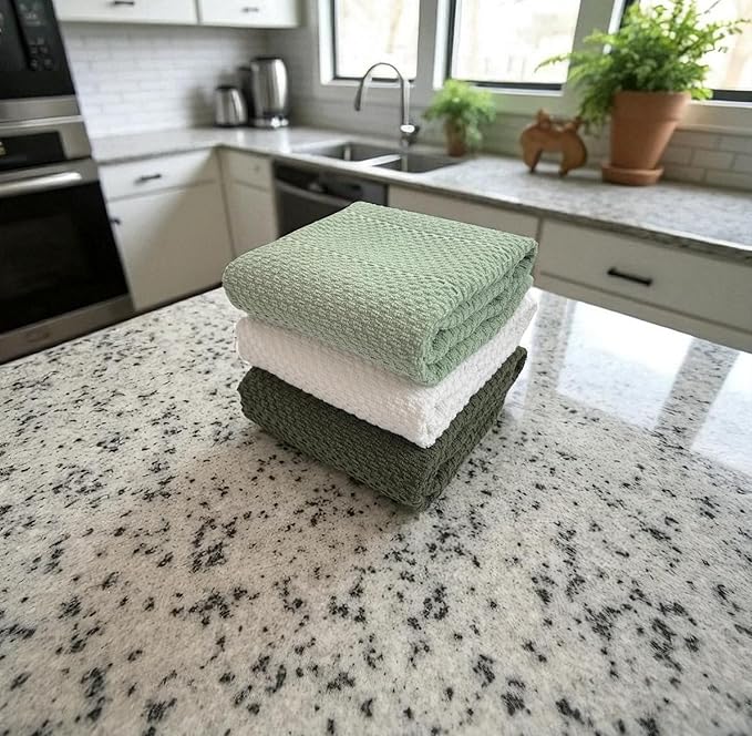 Sage White Dark Green Kitchen Hand Dish Towels: Oversized 28" x 18", 100% - Image 6