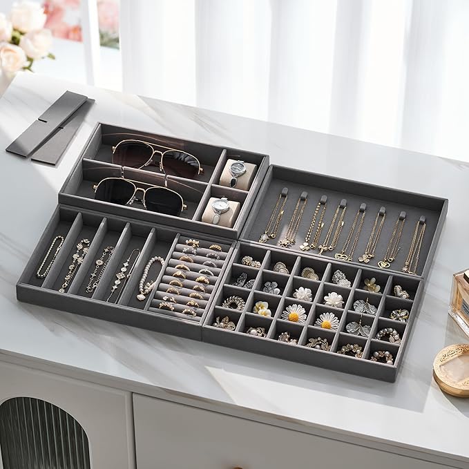 Velvet Jewelry Drawer Organizer Trays – Large Grey Stackable Jewelry Storage - Image 5
