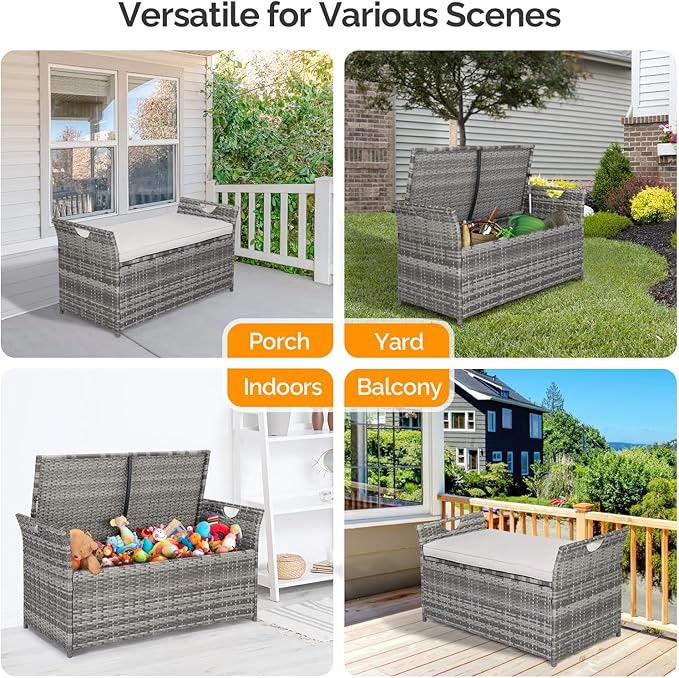 VINGLI 40 Gallon Outdoor Storage Bench with Cushion, Rattan Storage Box, Patio Wicker Deck Box with Seat for Garden | Balcony | Porch | Pool | Yard (Grey Frame + Light Grey Cushion) - Image 7