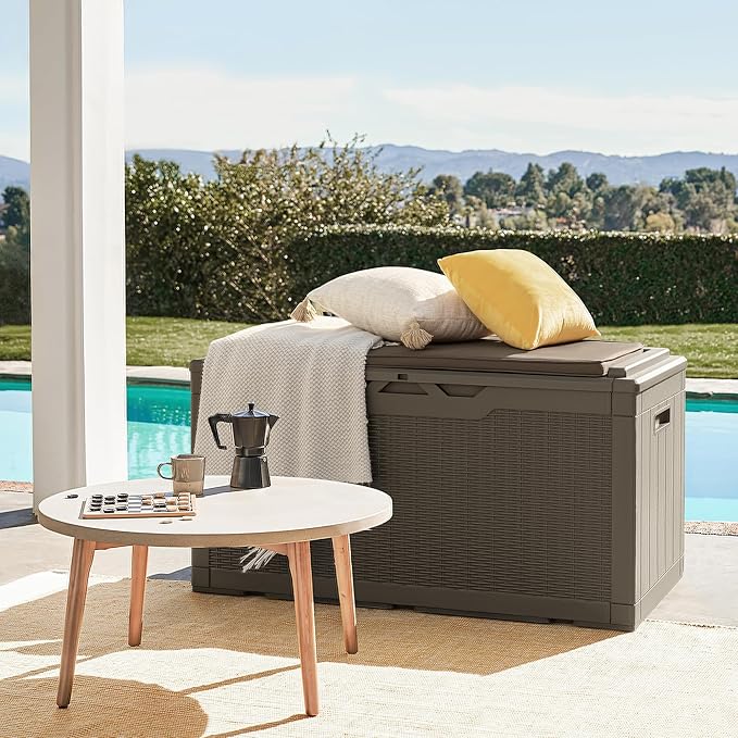 Flamaker Deck Box with Cushion 100 Gallon Waterproof Resin Storage Box with Air Rod Indoor Outdoor Lockable Storage Bench for Patio Furniture, Tools, Pool Accessories (Brown) - Image 2