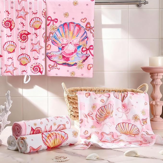 Breling Set of 6 Pink Beach Kitchen Towels Coastal Beach Dish Towel Bathroom - Image 6