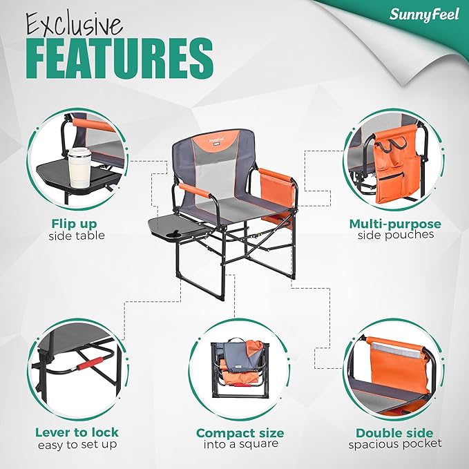 SUNNYFEEL Camping Directors Chair, Heavy Duty,Oversized Portable Folding Chair with Side Table, Pocket for Beach, Fishing,Trip,Picnic,Lawn,Concert Outdoor Foldable Camp Chairs - Image 6