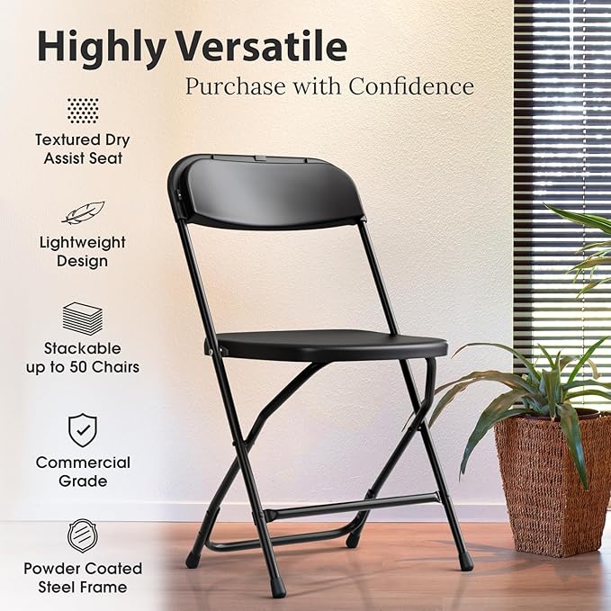 4 PACK White Foldable Plastic Chair | Folding & Stackable | 350 lbs Capacity Steel Frame Seats for Indoor Outdoor | Commercial Use Events Wedding Party Events Bulk Picnic Kitchen Dining - Image 3