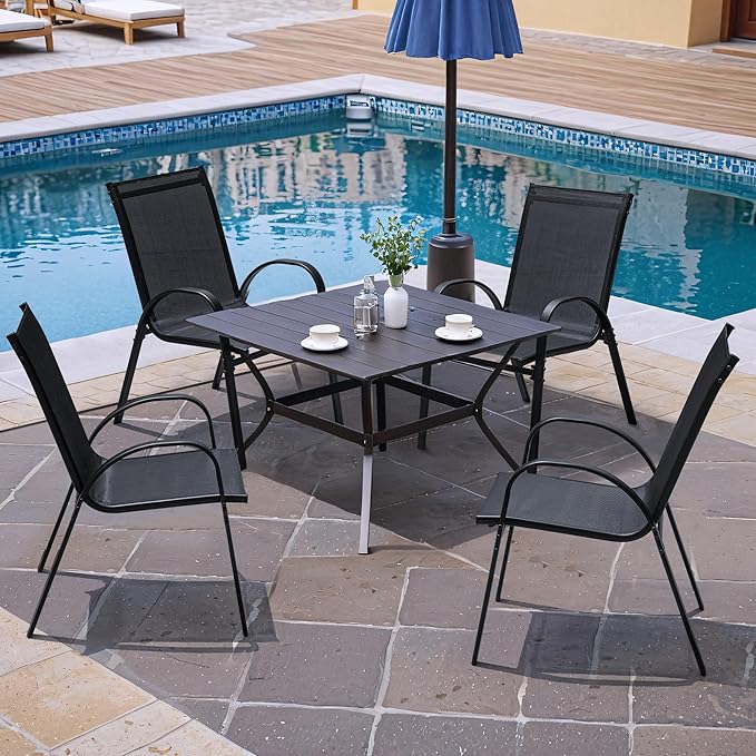 Flamaker Patio Chairs Stackable Dining Chairs Set of 4 Metal and Teslin Outdoor Chairs for Lawn Deck Porch Balcony (Black) - Image 2