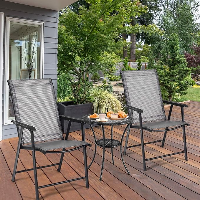 Giantex Set of 4 Folding Patio Chairs, Outdoor Portable Dining Chairs for Garden Camping Poolside Beach Deck Lawn, 4-Pack Sling Armchairs, Metal Frame, Grey - Image 4