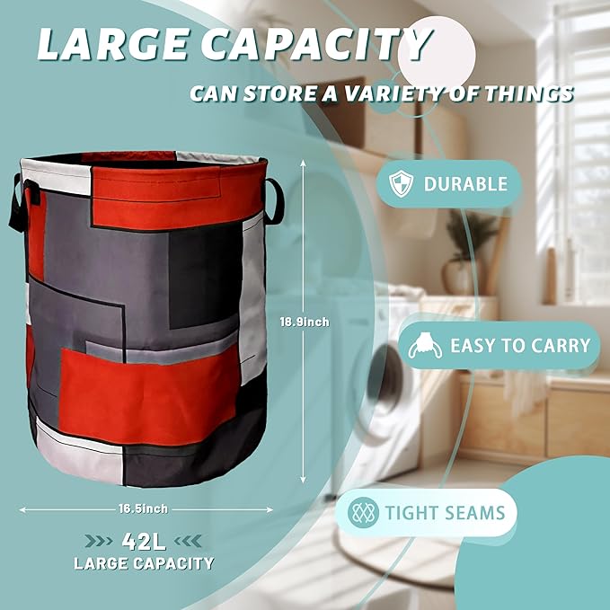 Red Grey Geometry Laundry Basket Foldable - Image 2