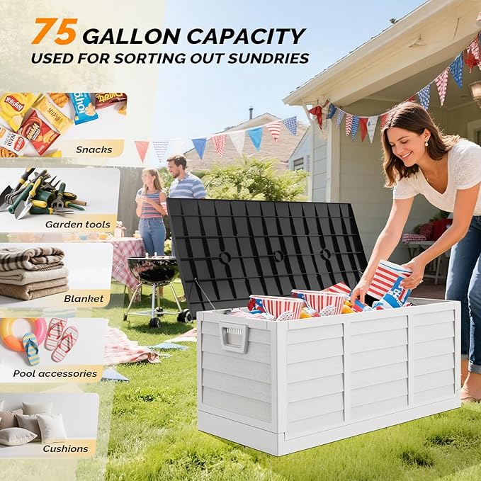 VINGLI 75 Gallon Collapsible Outdoor Storage Box, Simple-to-assemble Plastic Storage Containers with Lid, Patio Deck Box Furniture for Garden, Pool, Balcony, Yard (White) - Image 8