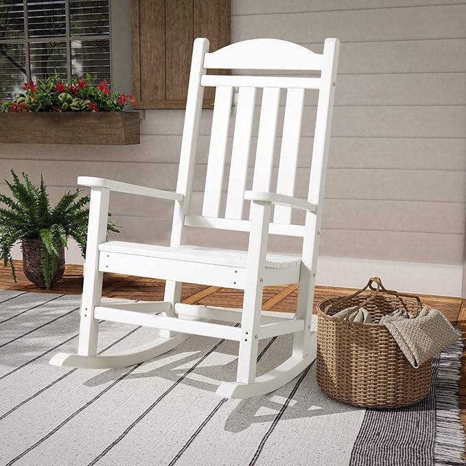 Devoko HDPE Rocking Chair Plastic Outdoor Indoor Patio Rocker Chair High Back All Weather Rocker for Patio Backyard Porch Garden (White) - Image 6