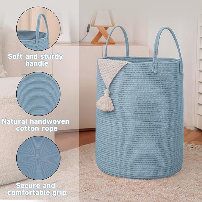 Large Woven Laundry Basket Hamper, 80L Cotton Rope Storage Bin - Image 6