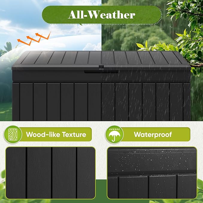 Flamaker Outdoor Storage Box 80 Gallon Resin Waterproof Deck Box Delivery Box with Wood Texture Large Storage Bin for Patio Cushions (Black) - Image 5
