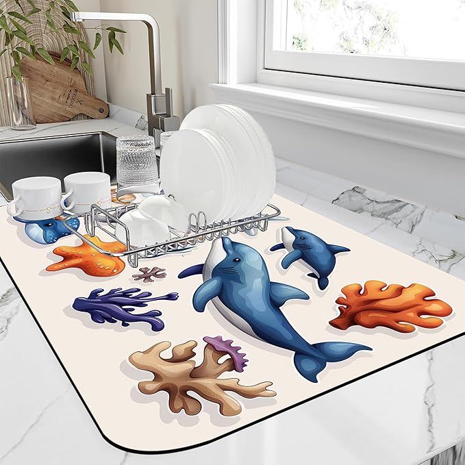 Sea Animals Dish Drying Mat Dolphins Starfish Anemones Kitchen Mat 12"x19" by Unknown