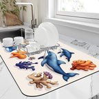 Sea Animals Dish Drying Mat Dolphins Starfish Anemones Kitchen Mat 12"x19" by Unknown