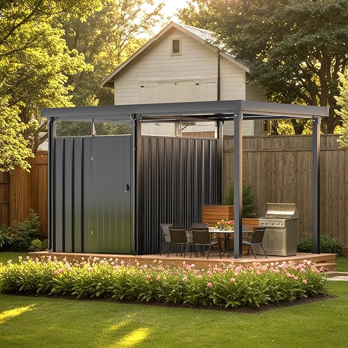 Patiowell 2-in-1 Outdoor Storage Shed, 7' x7' Galvanized Steel Metal Shed with 7' x 7' Porch Pergola Gazebo Outdoor Studio Open-Sided Firewood Shed for Backyard Patio Garden Lawn - Image 5