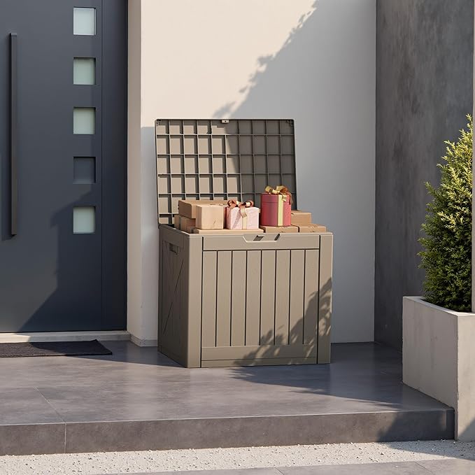 Patiowell 43 Gallon Resin Deck Box, Outdoor Storage Box for Patio Furniture, Deliveries, Pool Supplies,Waterproof and Lockable (Light-Brown) - Image 7