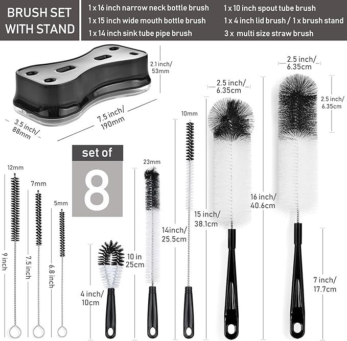 ALINK 8 Pack Black Bottle Brush Cleaning Set - Image 2