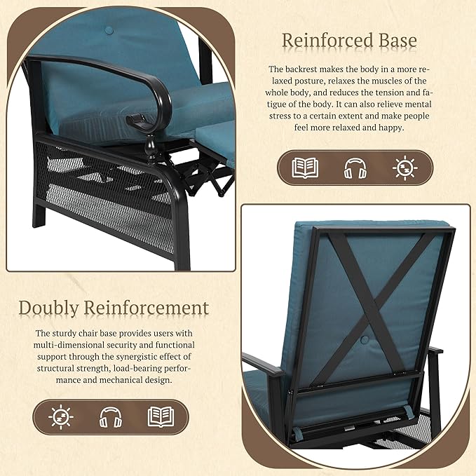 Oakcloud Adjustable Outdoor Lounge Chair Metal Patio Relaxing Recliner Chair with Removable Cushions(Peacock Blue) - Image 5