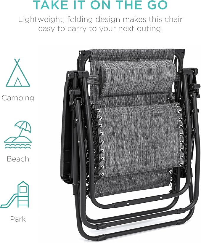 Best Choice Products 30” Wide Folding Zero Gravity Outdoor Recliner Patio Lounge Chair w/Adjustable Canopy Shade, Headrest, Side Accessory Tray - Gray - Image 9