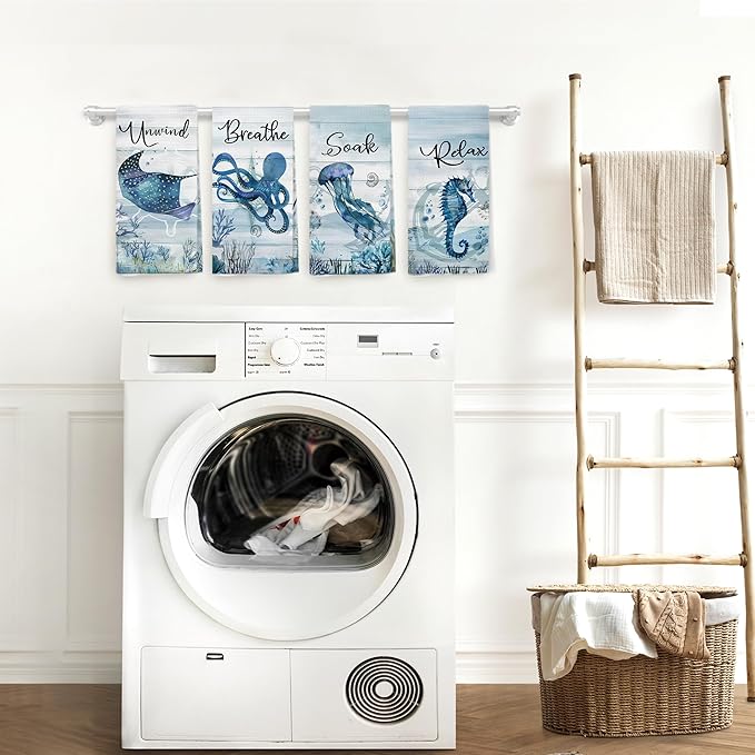 Nautical Hand Towels, Coastal Beach Bathroom Decor, Manta Ray Octopus Jellyfish - Image 3