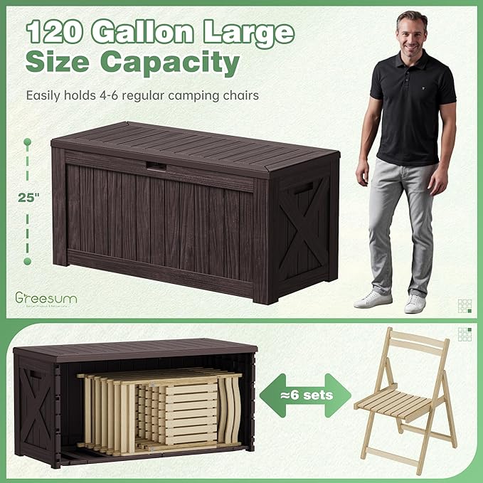 Greesum Outdoor Storage Box 120 Gallon Storage Bin with Lid for Patio Furniture, Garden Tools, Pool Supplies, Lockable, Waterproof and UV Resistant, Dark Brown - Image 5