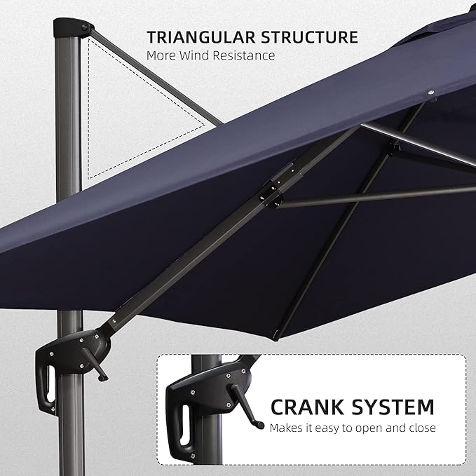 PURPLE LEAF 10' X 13' Patio Umbrella with Base Outdoor Cantilever Rectangle Offset Umbrella with 360-degree Rotation for Garden Deck Pool Patio Navy - Image 9