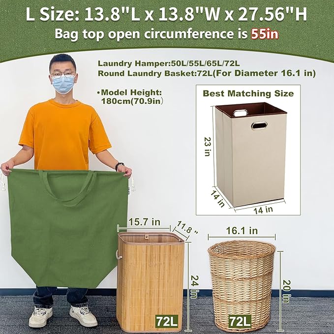 Canvas Laundry Bags with Handles & Square Base 13.8"Lx13.8"Wx27.6"H, Large - Image 2