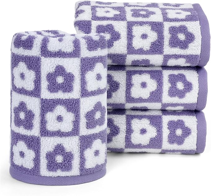Jacquotha Cotton Hand Towels Lilac Checkered Floral by Jacquotha