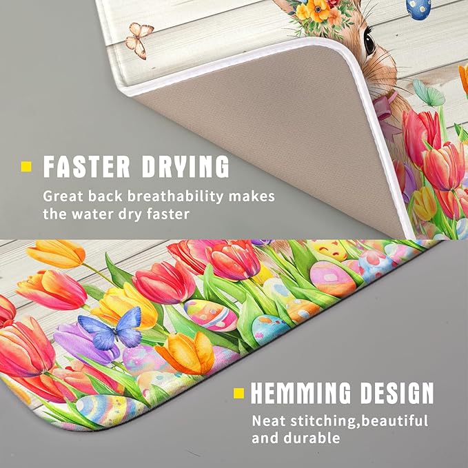 Easter Bunny Dish Drying Mat 16x18 inch Eggs Floral Fast Drying Pad Washable - Image 3