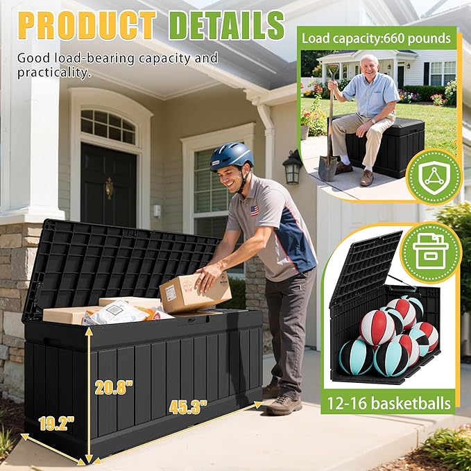 Greesum Outdoor Storage Box 82 Gallon Storage Bin with Lid for Patio Furniture, Garden Tools, Pool Supplies, Waterproof and UV Resistant, Lockable, Black - Image 6