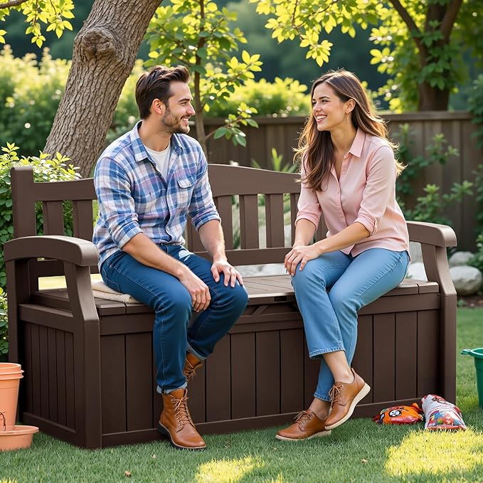 Flamaker 80 Gallon Storage Bench Outdoor Indoor, Durable All-Weather Seating with Hidden Storage, Lockable Deck Box for Garden, Patio, Poolside (Brown) - Image 6