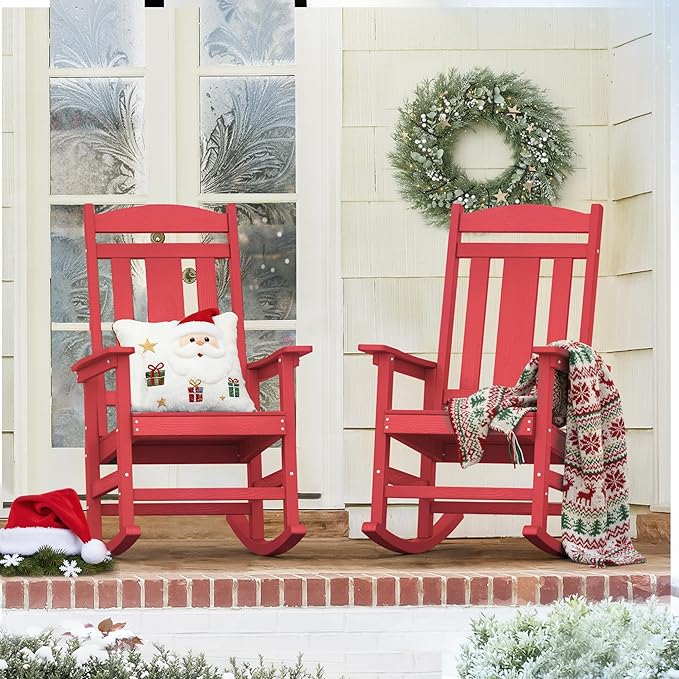 LUE BONA Outdoor Rocking Chairs Set of 2, HDPS Porch Rocker with High Back, Plastic Weather Resistant Rocking Chairs for Outdoor Indoor, Garden, Backyard, 350lb, Bright Red by LUEBONA