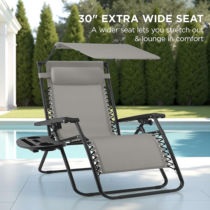Best Choice Products 30” Wide Folding Zero Gravity Outdoor Recliner Patio Lounge Chair w/Adjustable Canopy Shade, Headrest, Side Accessory Tray - Ice Gray - Image 3