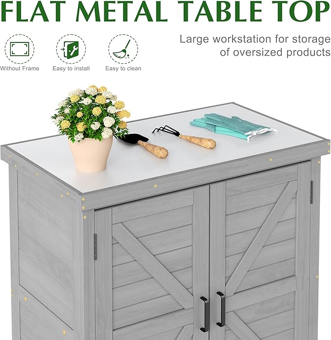 Outdoor Storage Cabinet & Potting Bench Table with Metal Top, Wooden Patio Furniture, Garden Workstation (Classic Grey, 36x31x17in) - Image 4