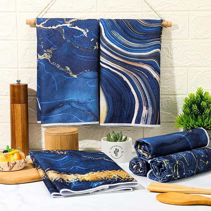 Boyiee 6 Pcs Marble Hand Towels Blue and Gold Towels Navy Blue Kitchen Towel - Image 2