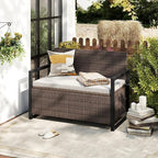 RELAX4LIFE Wicker Outdoor Bench with Storage - Rattan Deck Box w/Protective Liner for Pillows, Pool Supplies, Garden Tools, Patio Loveseat with Seat Cushion & Metal Armrests for Backyard Porch Balcony - Image 2