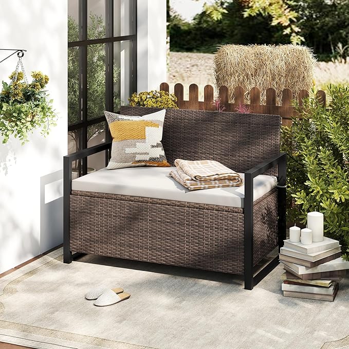 Tangkula 40 Gallon Outdoor Bench with Storage, Patio Wicker Storage Bench with Cushion, Cover, Metal Frame, Deck Box Seat for Backyard, Poolside, Balcony, Garden - Image 9
