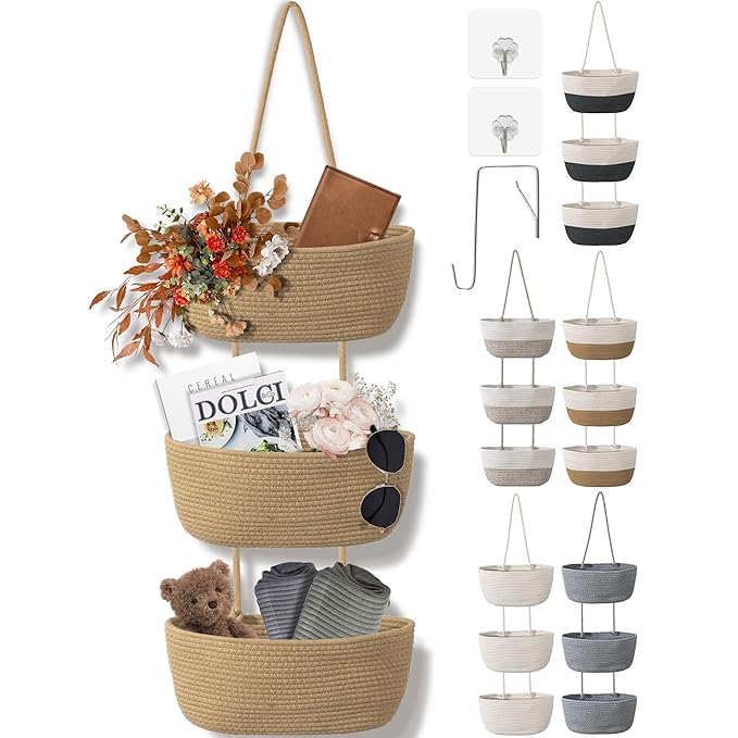 3 Tier Wall Mounted Woven Hanging Basket, Over the Door Hanging Basket by Wymulot